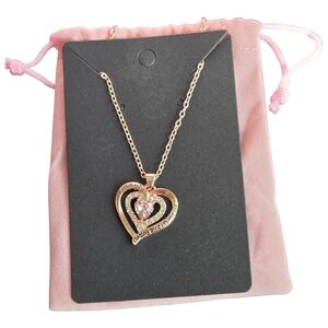 Heart Necklace - Gold Toned Pink Stone - I Love You Always - With Dust Bag Gift